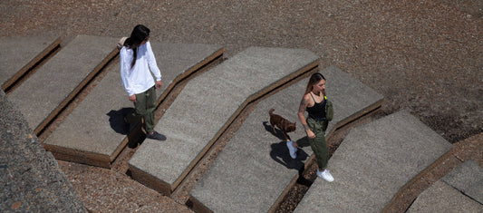 Two people and a dog walk across geometric concrete slabs in a sunlit, minimalist outdoor space.