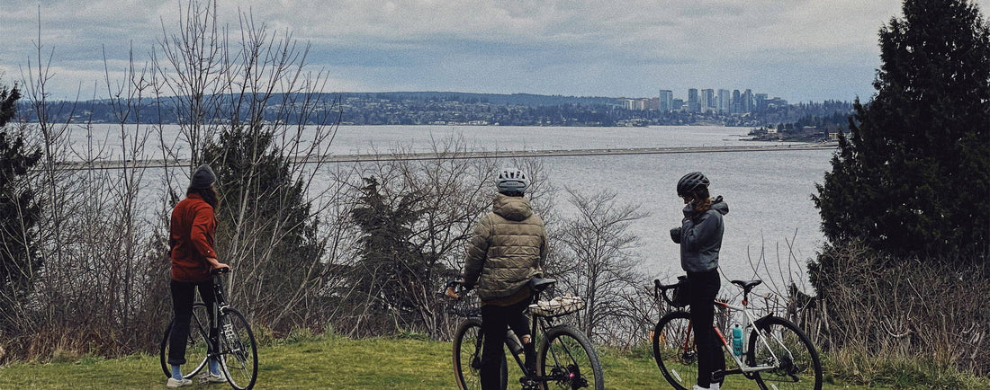 Three cyclists pause on a grassy hill at Seward Park, gazing at the Seattle skyline across the water, embodying mindful disconnection.