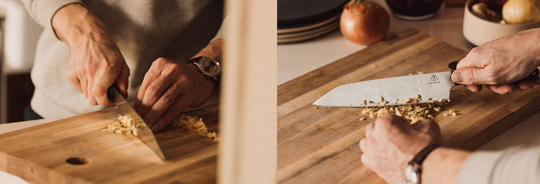 Hands skillfully mincing garlic on a wooden cutting board with a sharp chef’s knife, showcasing proper knife care and technique.