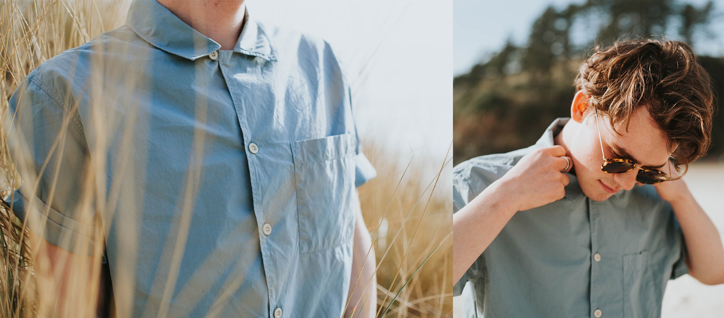Light blue short-sleeve shirts in sunlit fields, relaxed summer style for warm days.