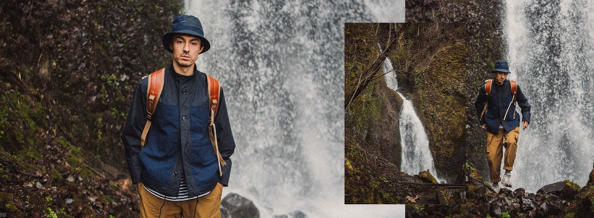 Nanamica outdoor collection: navy jacket, tan pants, bucket hat, and backpack in lush waterfall setting.