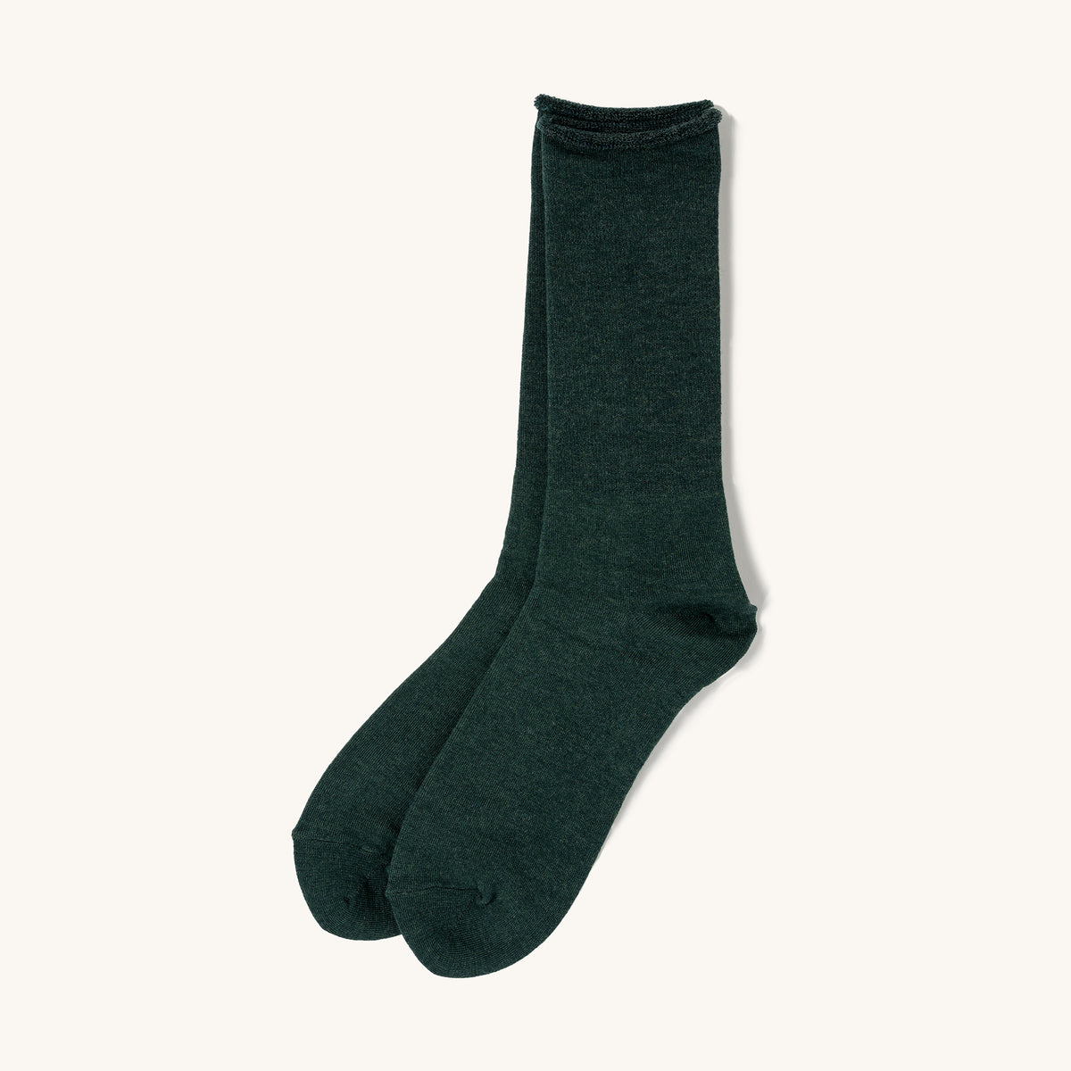 Dark green crew socks with ribbed cuffs and textured knit, shown flat against a light background.