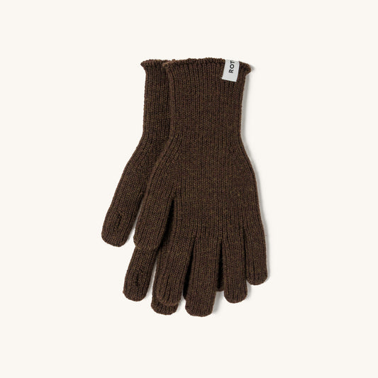 Brown merino knit touch gloves with ribbed cuffs and a white brand tag, laid flat on a light background.