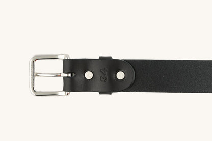 Black leather Daily Belt with a silver-toned rectangular buckle, two rivets, and an embossed '34' size mark.
