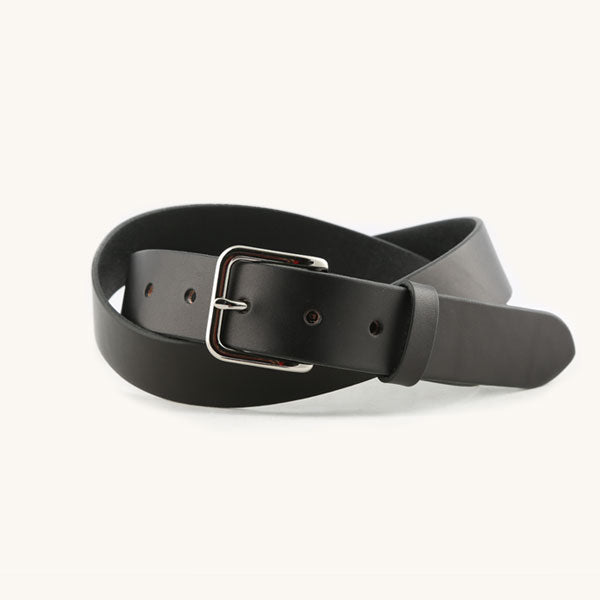 Black leather belt with a silver-toned rectangular buckle, coiled on a white background.
