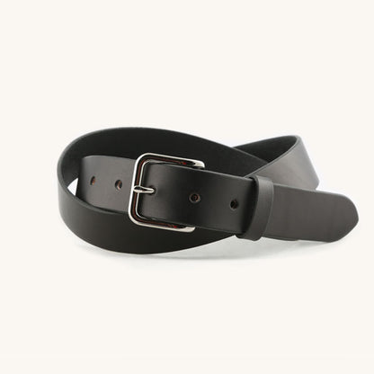 Black leather belt with a silver-toned rectangular buckle, coiled on a white background.
